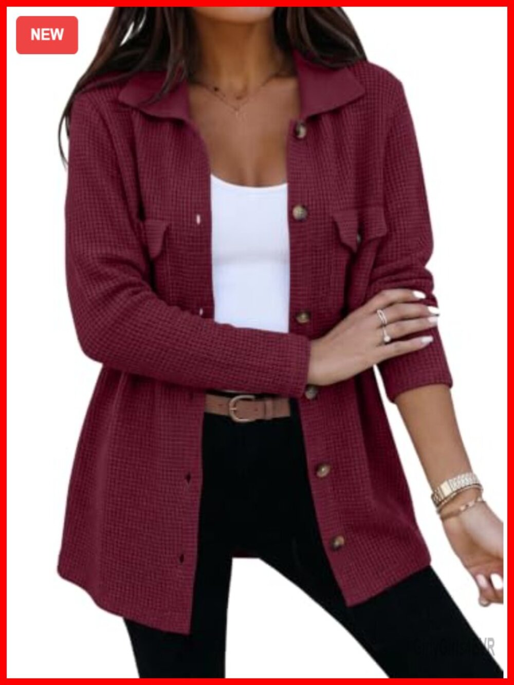Waffle Knit Shacket Cardigan Sweater V-Neck Button Down Loose Fit Fall Layer